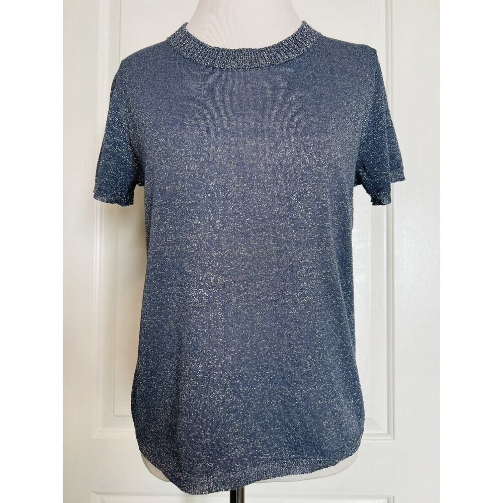 $298 White + Warren Revolve Designer Lightweight Knit Metallic Shimmer Top M